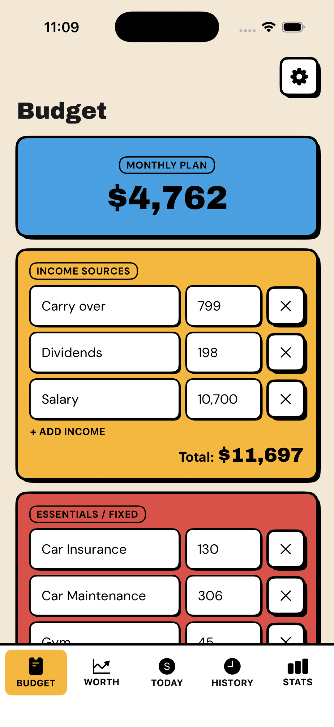 Depo Budget screen showing income sources and monthly plan
