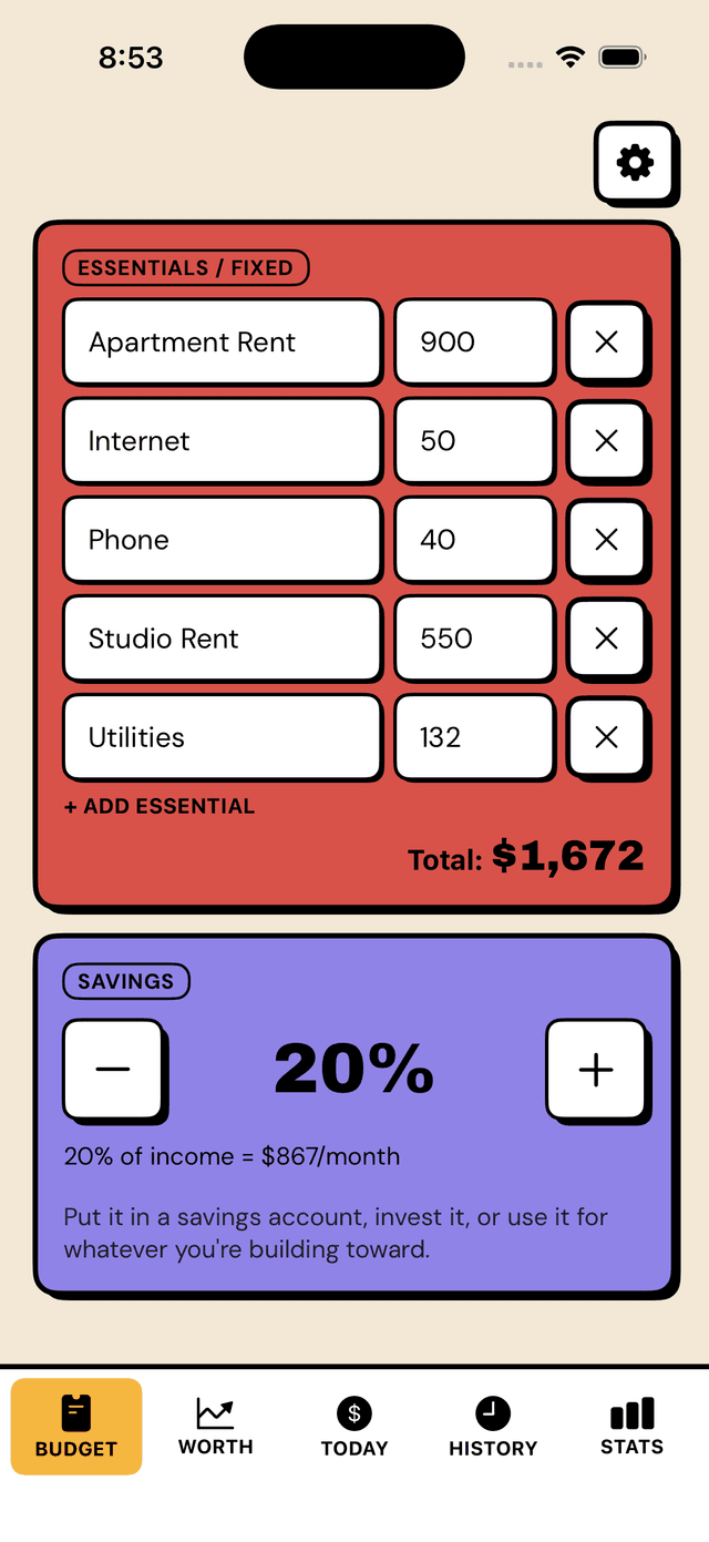 Depo Budget setup screen showing income, essentials, and savings