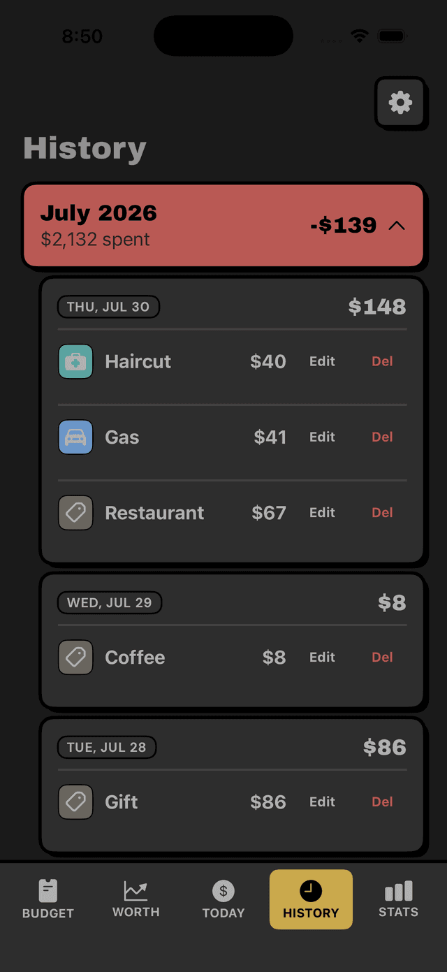 Depo History screen showing transactions and monthly spending