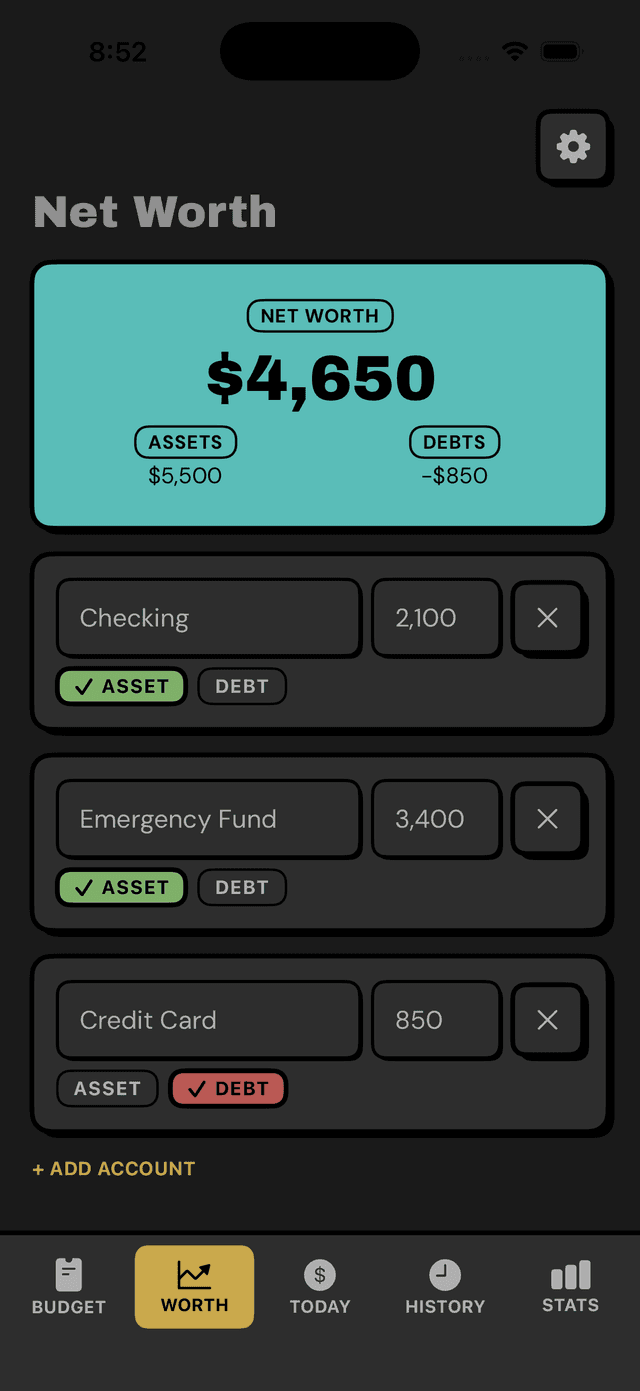 Depo Net Worth screen showing assets, debts, and total worth