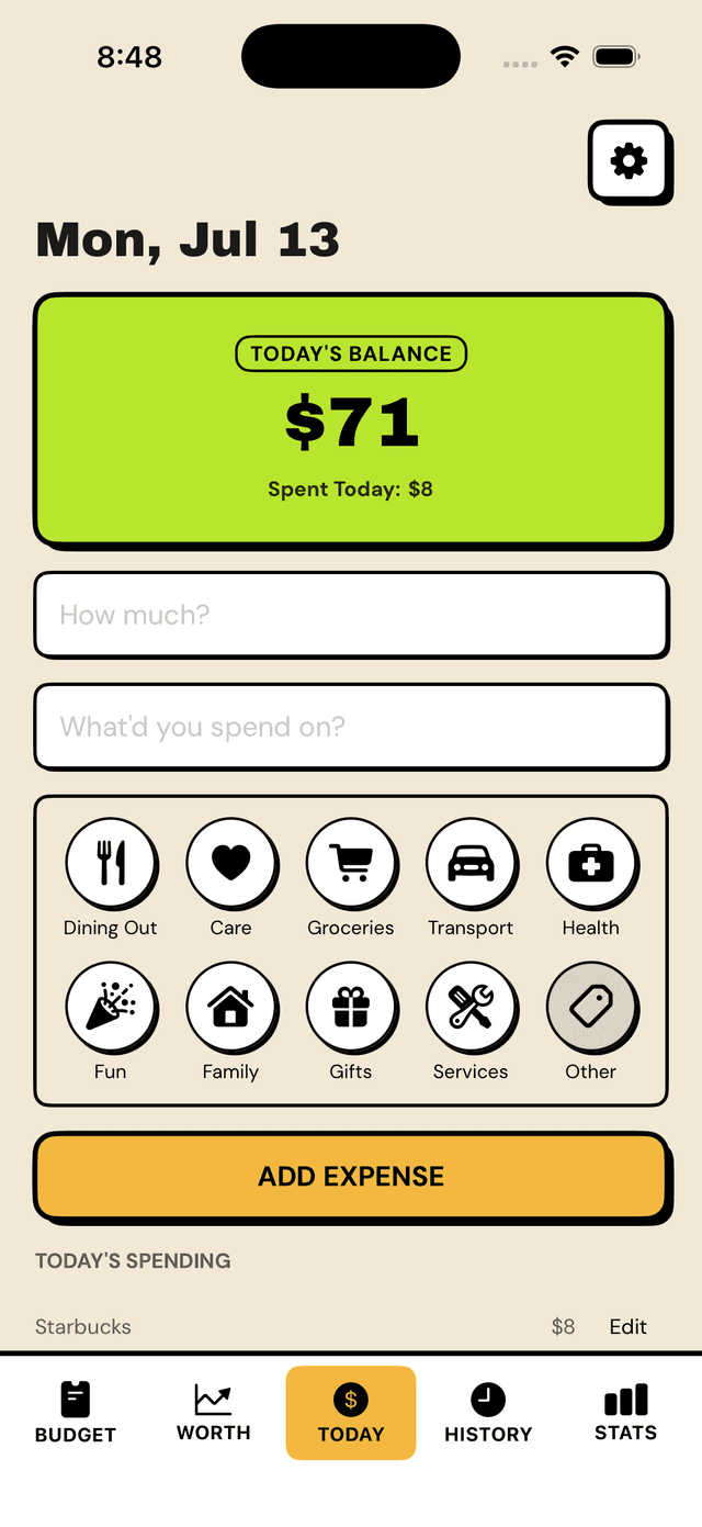 Depo Today screen showing today's safe-to-spend balance