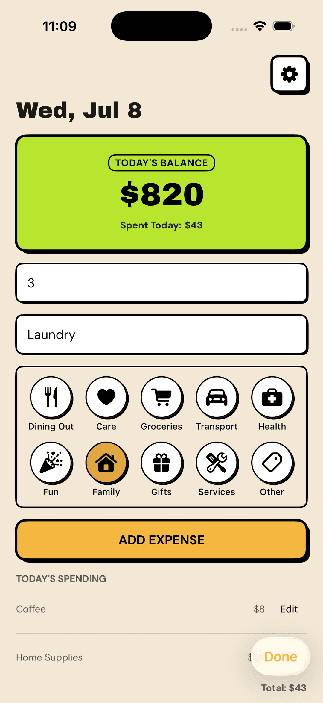 Depo add-expense screen with amount, name, and category