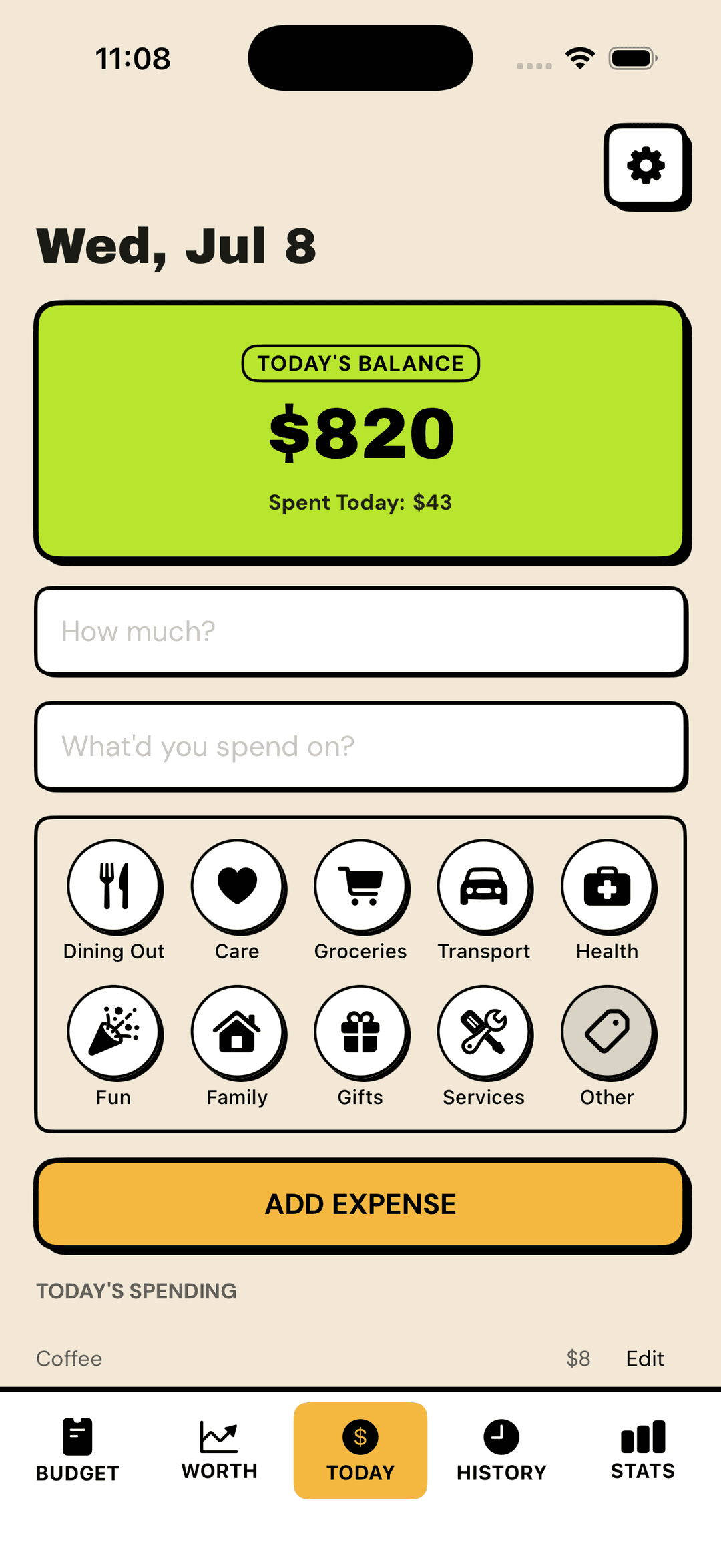 Depo app showing today's safe-to-spend balance of $820