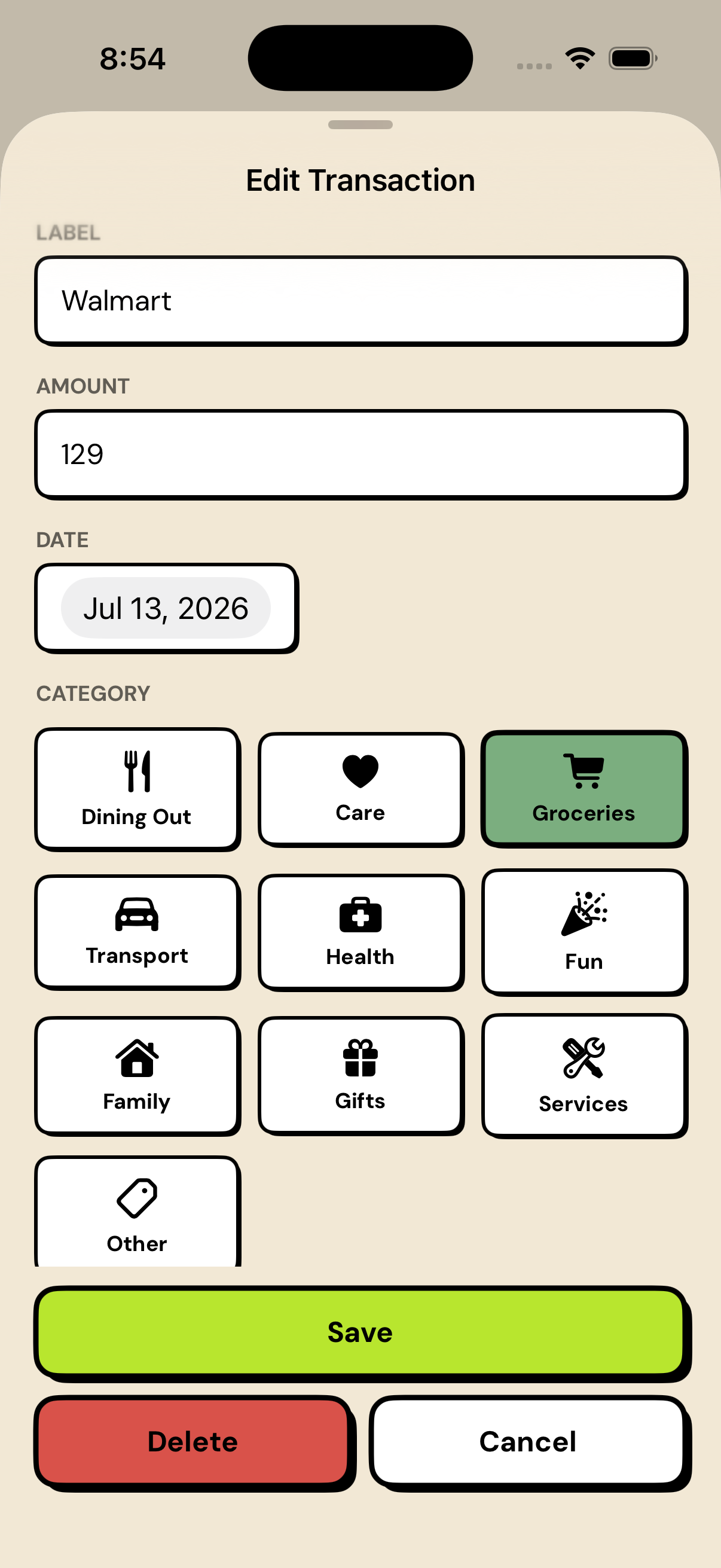 Depo's add-expense flow: amount at top, name field, category defaults to Other, Done button