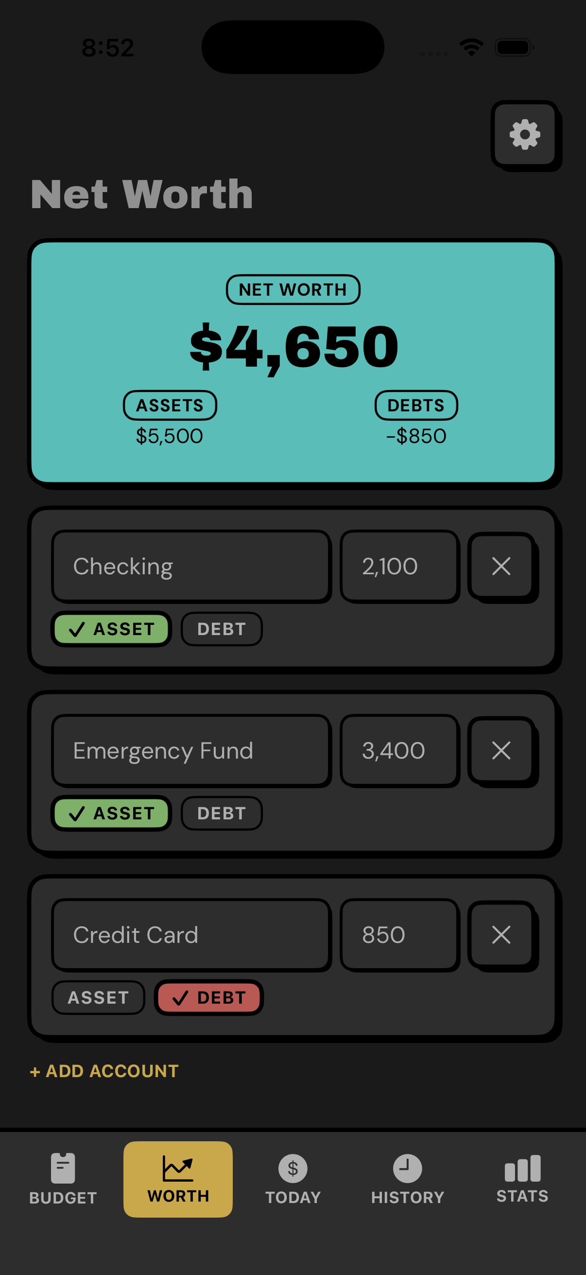 Depo's Net Worth / Capital Tracker screen showing total assets and debts