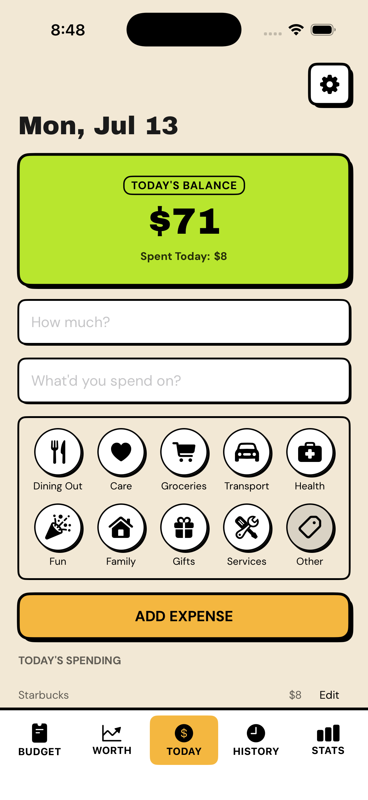 Depo's daily number home screen showing the safe-to-spend amount